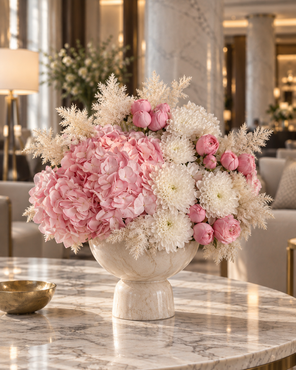 Pink hydrangea and white chrysanthemum arrangement in a stone vase, Mia Mur Miami