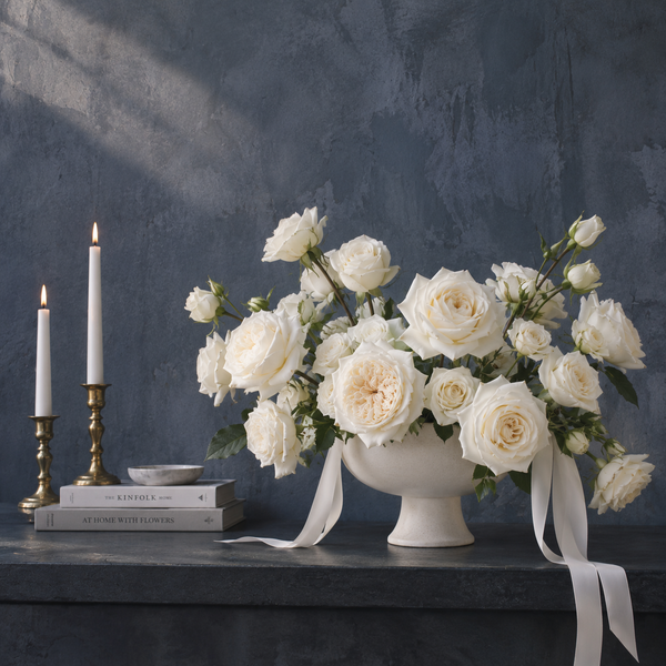 White roses and cream peonies in a white ceramic urn beside lit candles, by Mia Mur Miami.